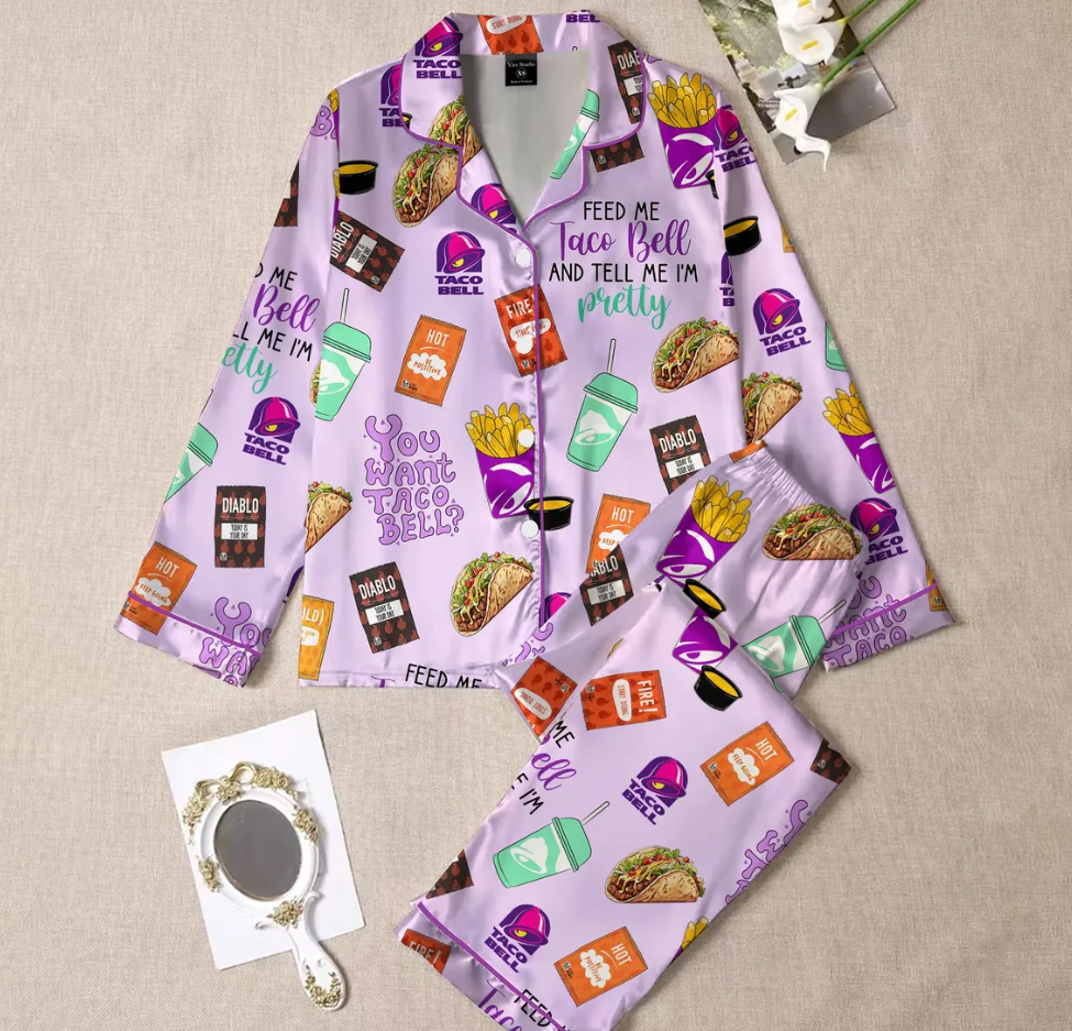 Taco Bell Short Satin Pajamas, Fast Food Sleepwear Set for Women, Silky Lounge Outfit, Food Pajama Shorts, Taco Bell Fan Gifts