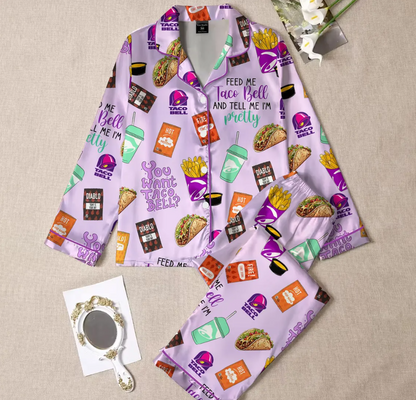 Taco Bell Short Satin Pajamas, Fast Food Sleepwear Set for Women, Silky Lounge Outfit, Food Pajama Shorts, Taco Bell Fan Gifts