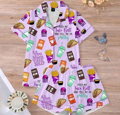Taco Bell Short Satin Pajamas, Fast Food Sleepwear Set for Women, Silky Lounge Outfit, Food Pajama Shorts, Taco Bell Fan Gifts