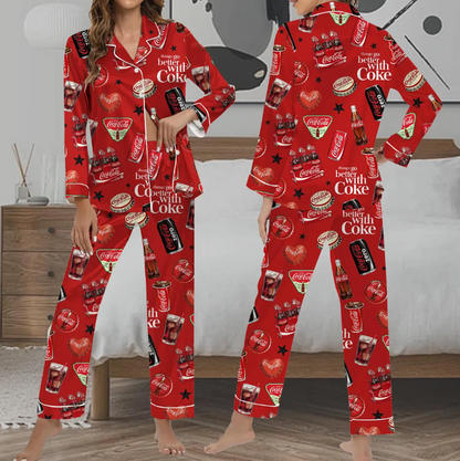 Coquette Bow Diet Drink Satin Pajamas Set, Coquette Diet Coke Pajamas, Birthday Gift, Bridesmaid Pajamas, Diet Coke Pajamas, Bridal Gifts