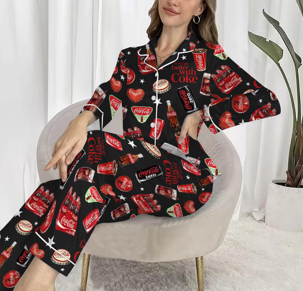 Coquette Bow Diet Drink Satin Pajamas Set, Coquette Diet Coke Pajamas, Birthday Gift, Bridesmaid Pajamas, Diet Coke Pajamas, Bridal Gifts