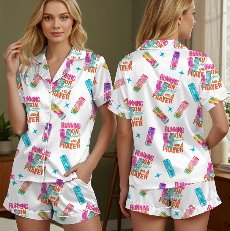 Running On Alani and Chaos Pajamas Set for Women, Coquette Alani Pjs, Funny Energy Drink Pajamas, Chaos Coordinator Pjs, Mental Health Pjs