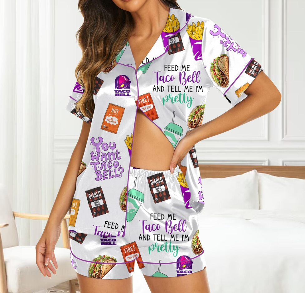 Taco Bell Short Satin Pajamas, Fast Food Sleepwear Set for Women, Silky Lounge Outfit, Food Pajama Shorts, Taco Bell Fan Gifts
