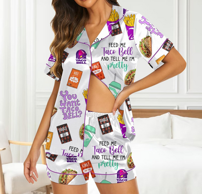 Taco Bell Short Satin Pajamas, Fast Food Sleepwear Set for Women, Silky Lounge Outfit, Food Pajama Shorts, Taco Bell Fan Gifts