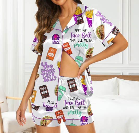 Taco Bell Short Satin Pajamas, Fast Food Sleepwear Set for Women, Silky Lounge Outfit, Food Pajama Shorts, Taco Bell Fan Gifts