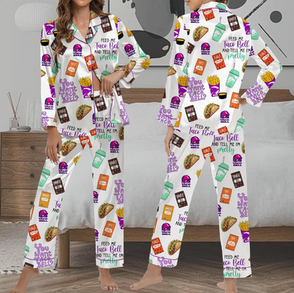 Taco Bell Short Satin Pajamas, Fast Food Sleepwear Set for Women, Silky Lounge Outfit, Food Pajama Shorts, Taco Bell Fan Gifts