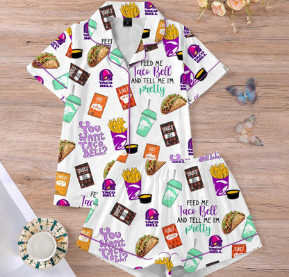 Taco Bell Short Satin Pajamas, Fast Food Sleepwear Set for Women, Silky Lounge Outfit, Food Pajama Shorts, Taco Bell Fan Gifts