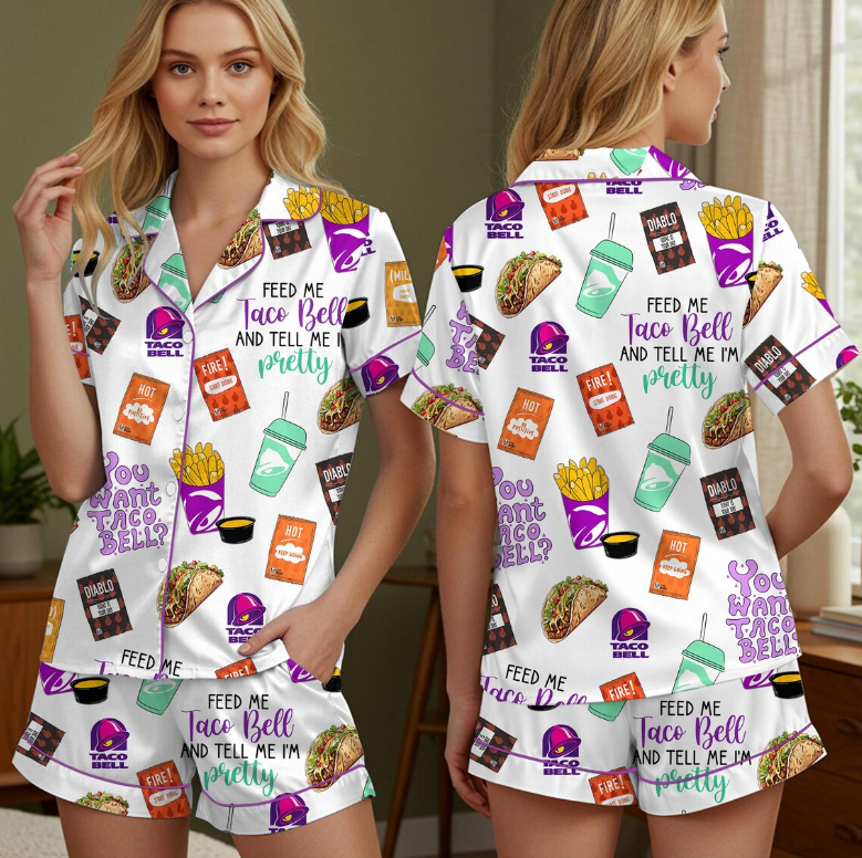 Taco Bell Short Satin Pajamas, Fast Food Sleepwear Set for Women, Silky Lounge Outfit, Food Pajama Shorts, Taco Bell Fan Gifts
