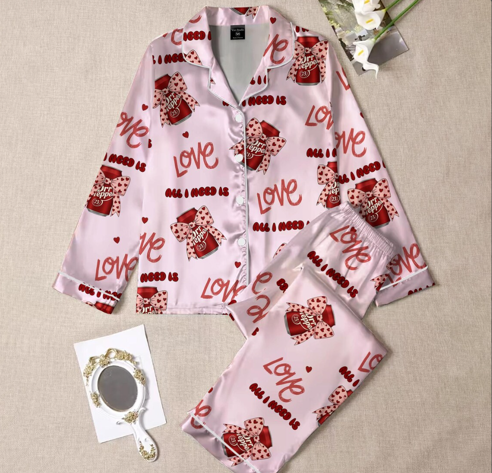 Dr Pepper Pink Coquette Bow 2 Sides Pajamas Set for Women, Dr Pepper Lover Pjs, Dr Pepper Est. 1885 Sweatshirt, Pink Bow Dr Pepper Pajamas