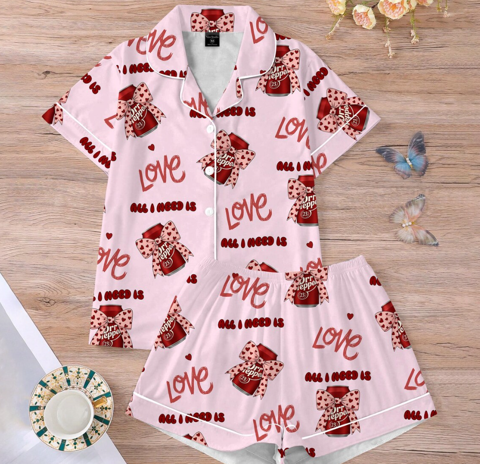 Dr Pepper Pink Coquette Bow 2 Sides Pajamas Set for Women, Dr Pepper Lover Pjs, Dr Pepper Est. 1885 Sweatshirt, Pink Bow Dr Pepper Pajamas