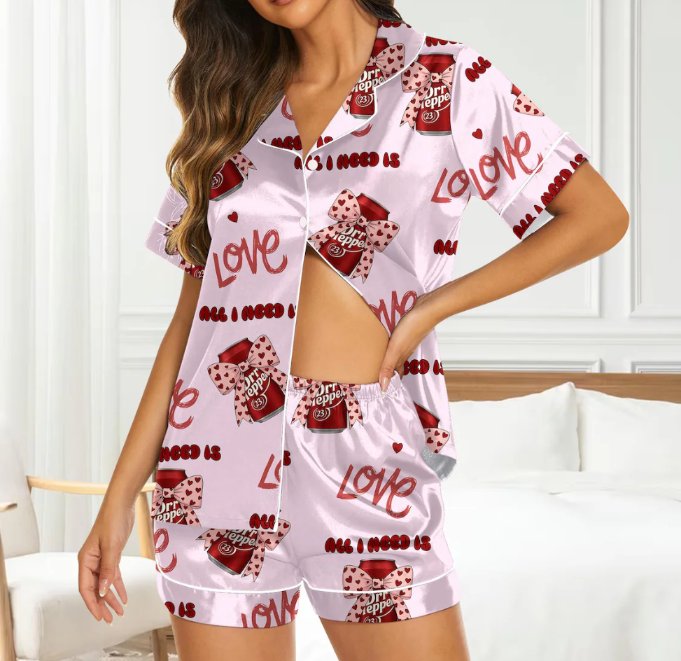 Dr Pepper Pink Coquette Bow 2 Sides Pajamas Set for Women, Dr Pepper Lover Pjs, Dr Pepper Est. 1885 Sweatshirt, Pink Bow Dr Pepper Pajamas