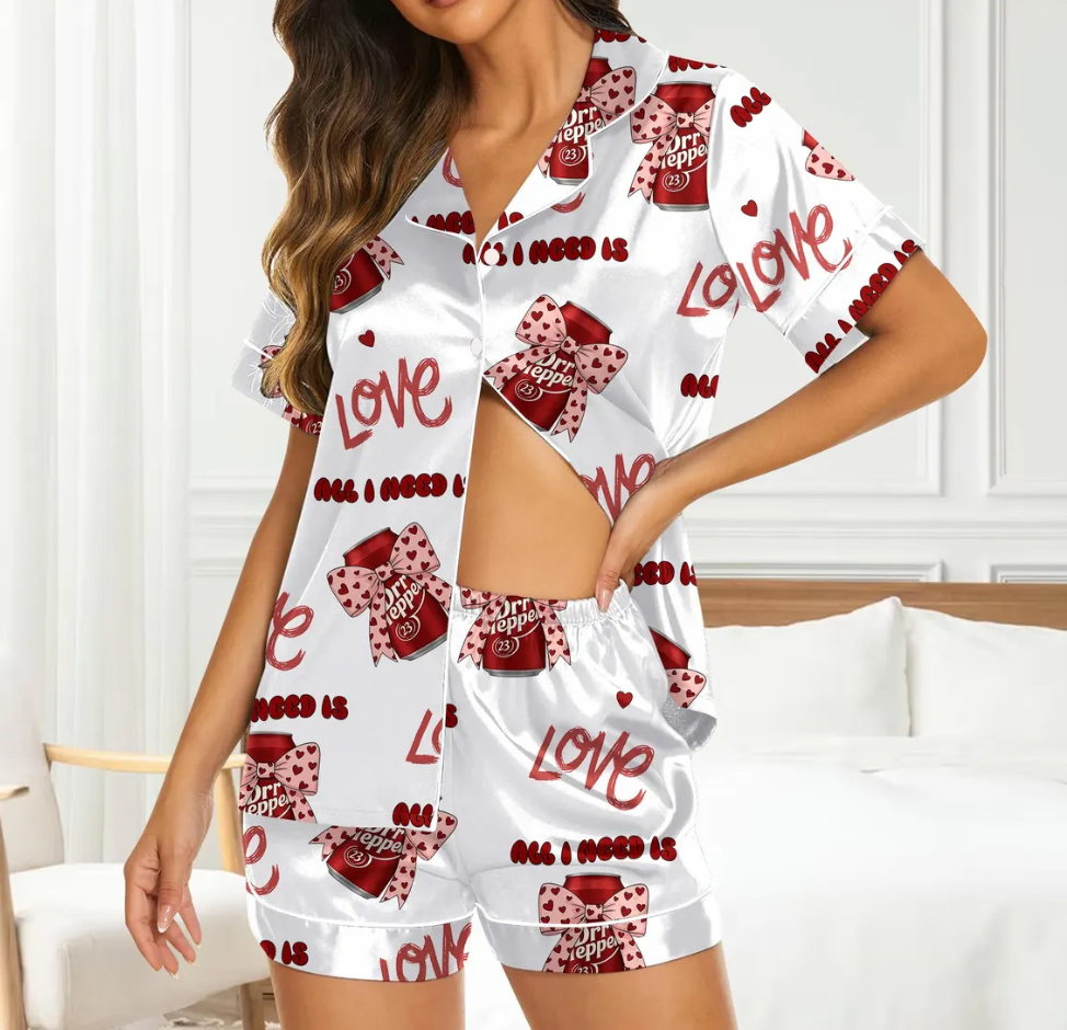 Dr Pepper Pink Coquette Bow 2 Sides Pajamas Set for Women, Dr Pepper Lover Pjs, Dr Pepper Est. 1885 Sweatshirt, Pink Bow Dr Pepper Pajamas