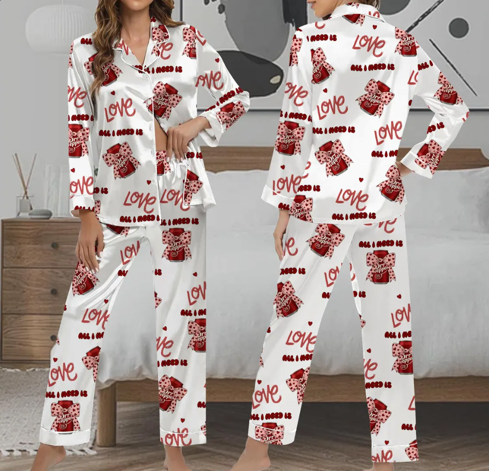 Dr Pepper Pink Coquette Bow 2 Sides Pajamas Set for Women, Dr Pepper Lover Pjs, Dr Pepper Est. 1885 Sweatshirt, Pink Bow Dr Pepper Pajamas
