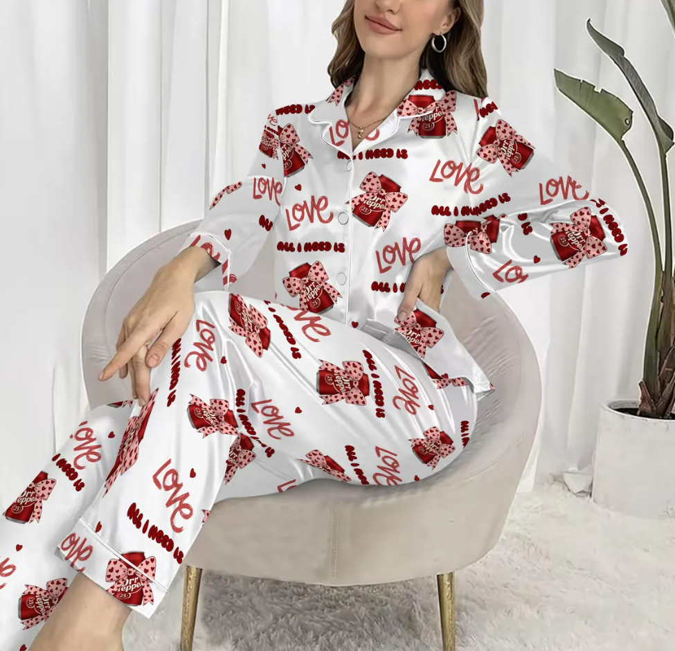 Dr Pepper Pink Coquette Bow 2 Sides Pajamas Set for Women, Dr Pepper Lover Pjs, Dr Pepper Est. 1885 Sweatshirt, Pink Bow Dr Pepper Pajamas