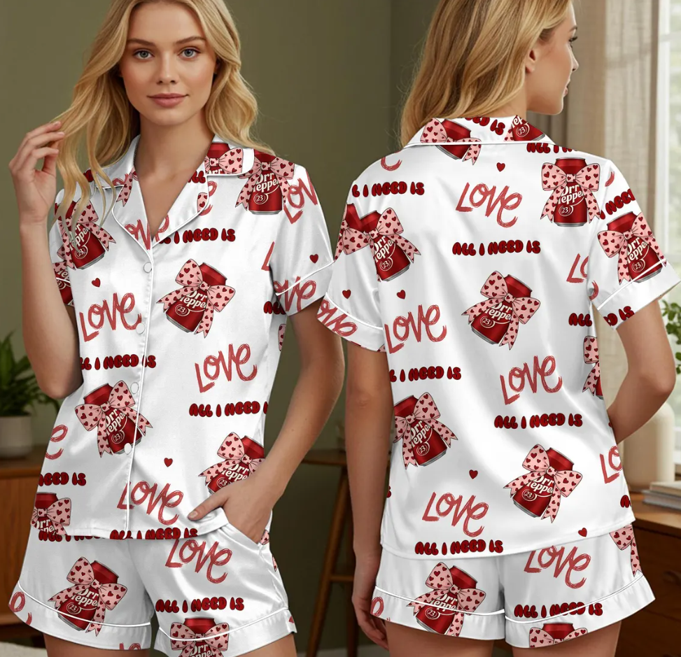 Dr Pepper Pink Coquette Bow 2 Sides Pajamas Set for Women, Dr Pepper Lover Pjs, Dr Pepper Est. 1885 Sweatshirt, Pink Bow Dr Pepper Pajamas