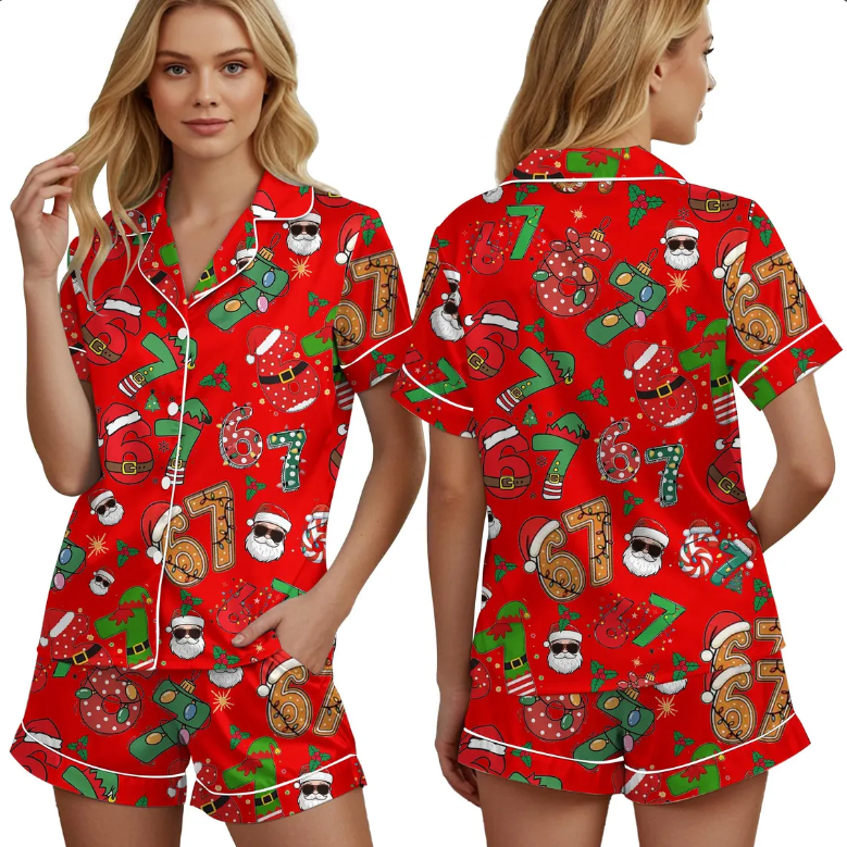 Meme '6 7' Six Seven Christmas Slang Meme For Kids & Adults, Personalized Pajama Set, Six Seven Meme Sweater, Merry Christmas Set, Christmas (Copy)