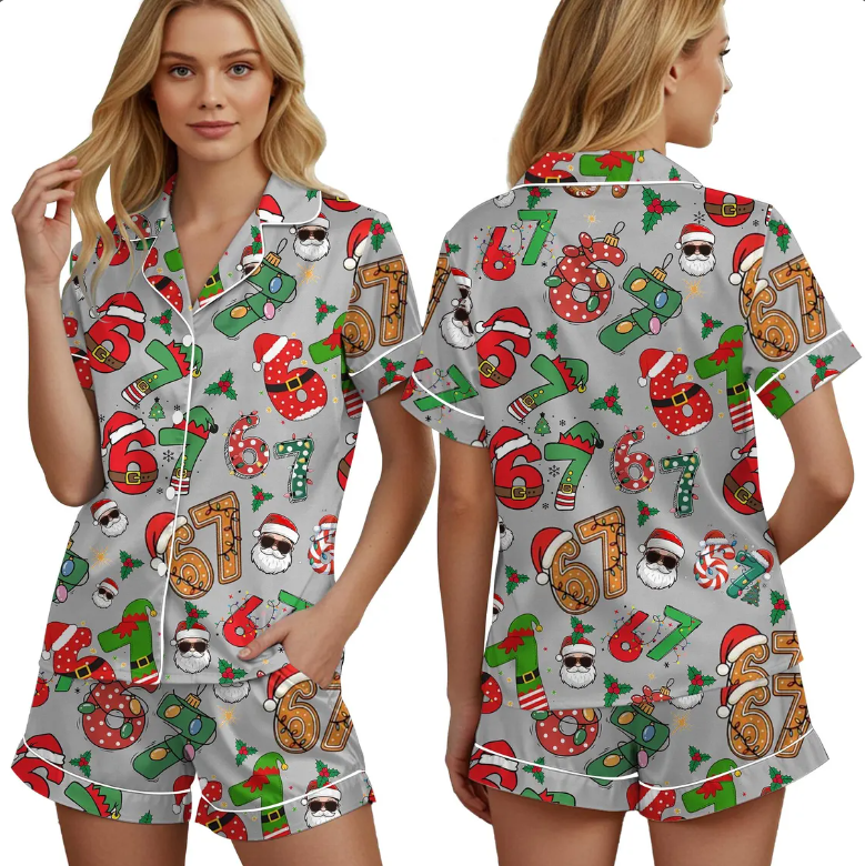 Meme '6 7' Six Seven Christmas Slang Meme For Kids & Adults, Personalized Pajama Set, Six Seven Meme Sweater, Merry Christmas Set, Christmas