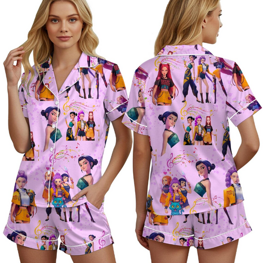 Huntrix Demon Hunters Silky Satin Pajama Set For Women And Kids, Kpop Idol Pajamas, Girl Group Anime Sleepwear Set, Fan Gift PJs