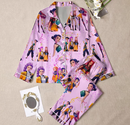 Huntrix Demon Hunters Silky Satin Pajama Set For Women And Kids, Kpop Idol Pajamas, Girl Group Anime Sleepwear Set, Fan Gift PJs