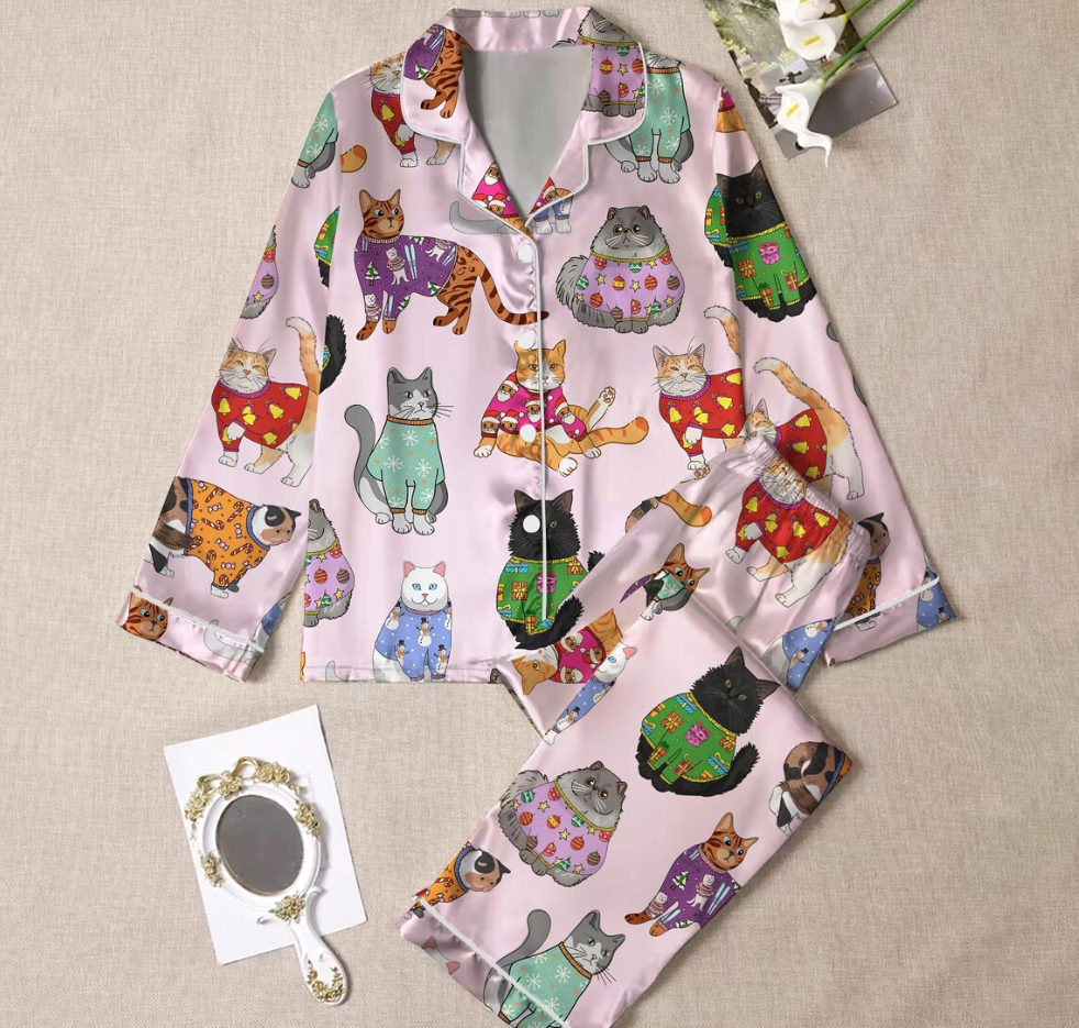 Christmas Cat Pajamas Set for Women, Cat Owner Christmas Gift, Cat Christmas PJS, Christmas PJS, Holiday Pajamas, Christmas Pajamas,Cat Gift