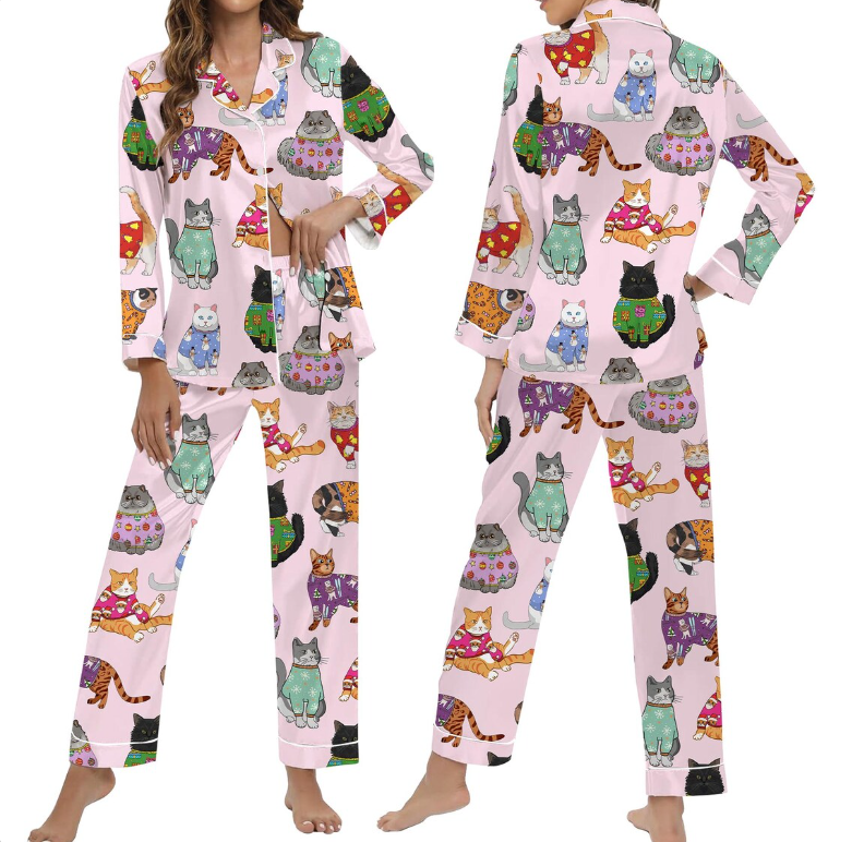 Christmas Cat Pajamas Set for Women, Cat Owner Christmas Gift, Cat Christmas PJS, Christmas PJS, Holiday Pajamas, Christmas Pajamas,Cat Gift