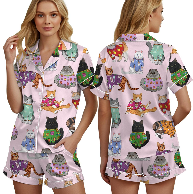 Christmas Cat Pajamas Set for Women, Cat Owner Christmas Gift, Cat Christmas PJS, Christmas PJS, Holiday Pajamas, Christmas Pajamas,Cat Gift