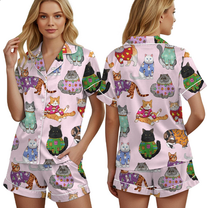 Christmas Cat Pajamas Set for Women, Cat Owner Christmas Gift, Cat Christmas PJS, Christmas PJS, Holiday Pajamas, Christmas Pajamas,Cat Gift