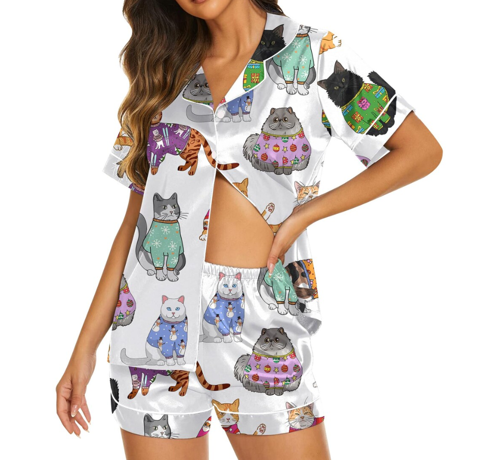 Christmas Cat Pajamas Set for Women, Cat Owner Christmas Gift, Cat Christmas PJS, Christmas PJS, Holiday Pajamas, Christmas Pajamas,Cat Gift