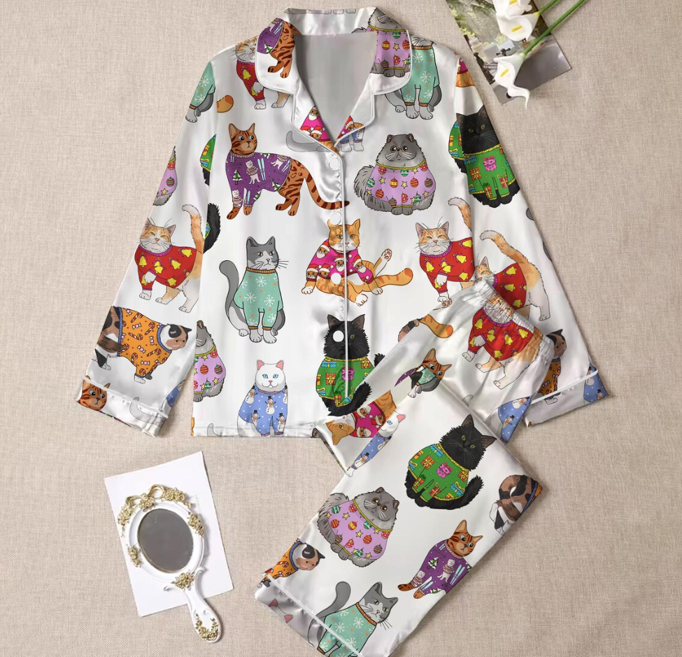 Christmas Cat Pajamas Set for Women, Cat Owner Christmas Gift, Cat Christmas PJS, Christmas PJS, Holiday Pajamas, Christmas Pajamas,Cat Gift