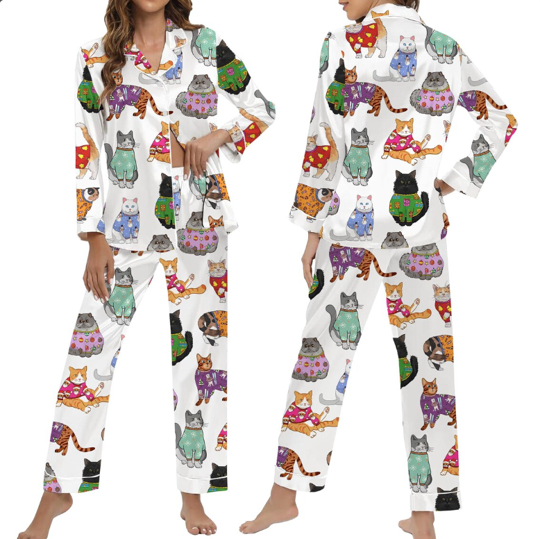Christmas Cat Pajamas Set for Women, Cat Owner Christmas Gift, Cat Christmas PJS, Christmas PJS, Holiday Pajamas, Christmas Pajamas,Cat Gift