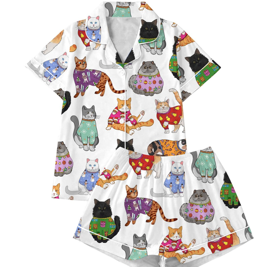 Christmas Cat Pajamas Set for Women, Cat Owner Christmas Gift, Cat Christmas PJS, Christmas PJS, Holiday Pajamas, Christmas Pajamas,Cat Gift