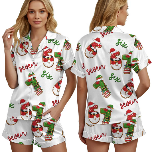 Elf & Santa Christmas Meme 6 7 Satin Pajama Set, Funny Holiday Pajamas, Meme 67 Print Sleepwear, Silky Loungewear Gift for Women Set, Xmas