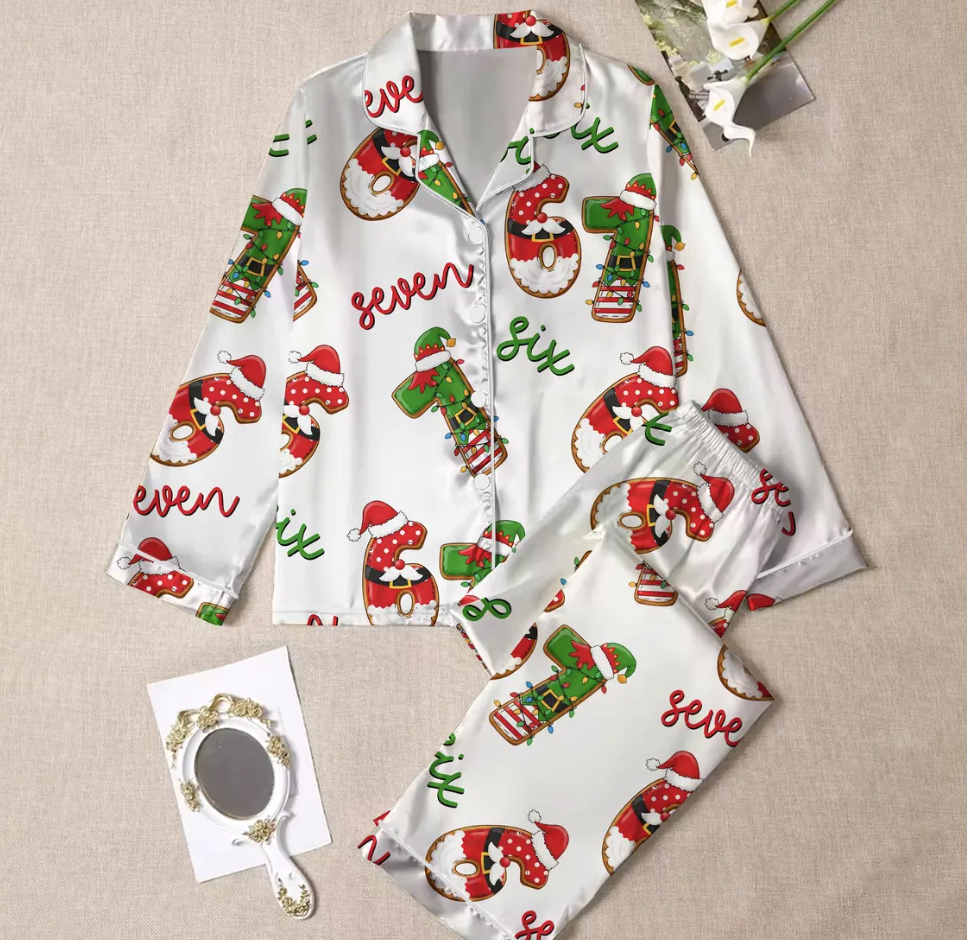 Elf & Santa Christmas Meme 6 7 Satin Pajama Set, Funny Holiday Pajamas, Meme 67 Print Sleepwear, Silky Loungewear Gift for Women Set, Xmas