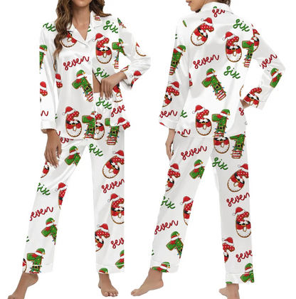 Elf & Santa Christmas Meme 6 7 Satin Pajama Set, Funny Holiday Pajamas, Meme 67 Print Sleepwear, Silky Loungewear Gift for Women Set, Xmas