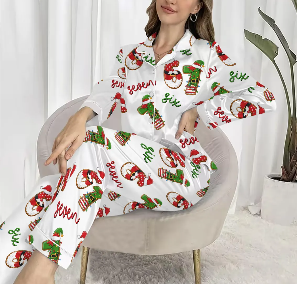 Elf & Santa Christmas Meme 6 7 Satin Pajama Set, Funny Holiday Pajamas, Meme 67 Print Sleepwear, Silky Loungewear Gift for Women Set, Xmas