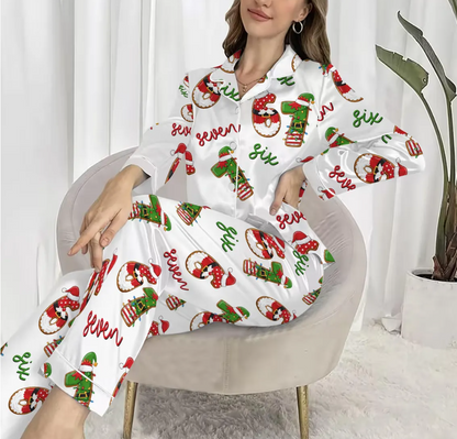 Elf & Santa Christmas Meme 6 7 Satin Pajama Set, Funny Holiday Pajamas, Meme 67 Print Sleepwear, Silky Loungewear Gift for Women Set, Xmas