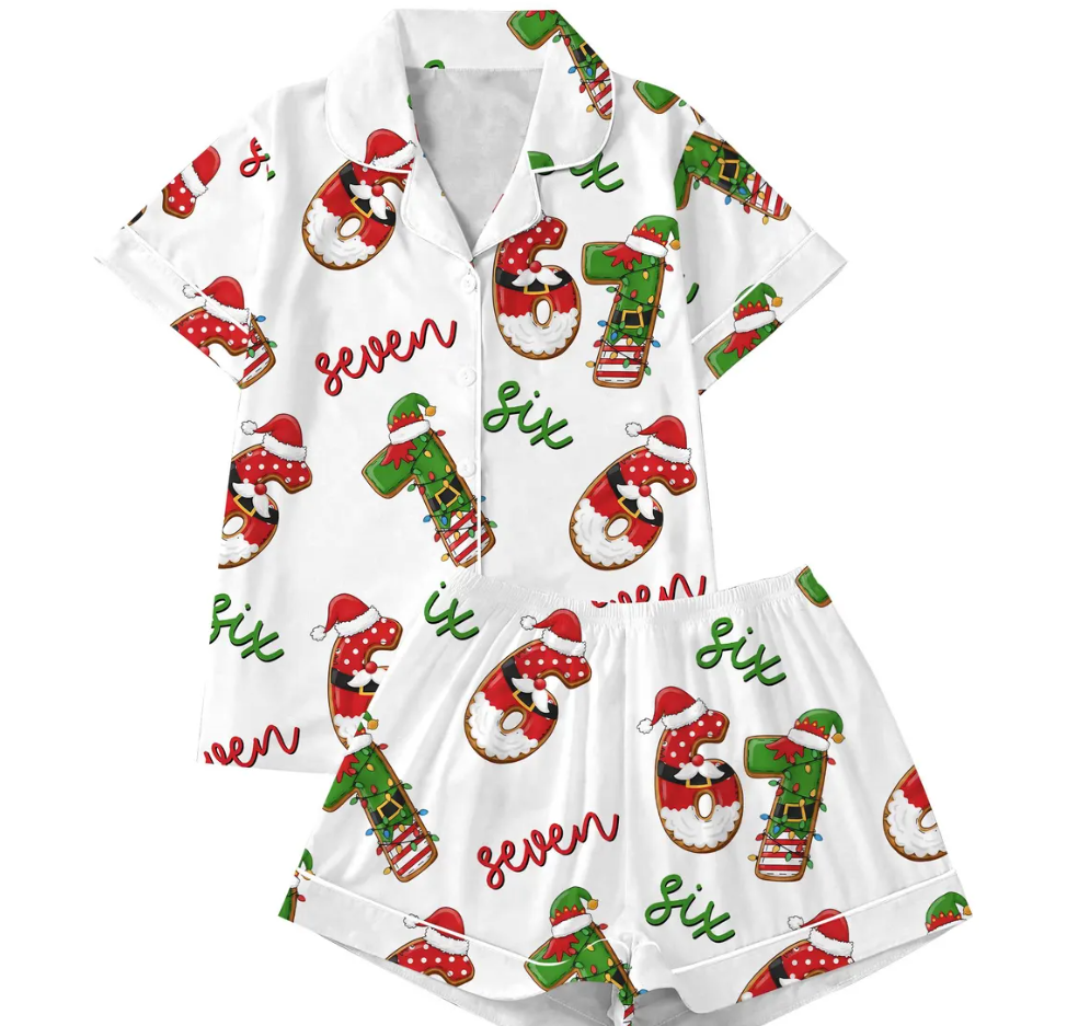 Elf & Santa Christmas Meme 6 7 Satin Pajama Set, Funny Holiday Pajamas, Meme 67 Print Sleepwear, Silky Loungewear Gift for Women Set, Xmas