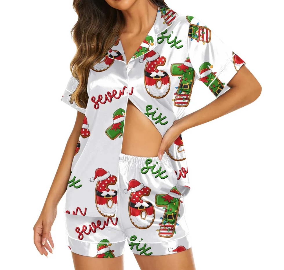 Elf & Santa Christmas Meme 6 7 Satin Pajama Set, Funny Holiday Pajamas, Meme 67 Print Sleepwear, Silky Loungewear Gift for Women Set, Xmas