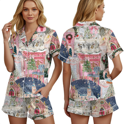 Christmas Satin Pajama Set for Women – Festive Holiday Print PJs, Long & Short Sleeve Sleepwear, Cozy Winter Loungewear Gift Set Soft Fabric