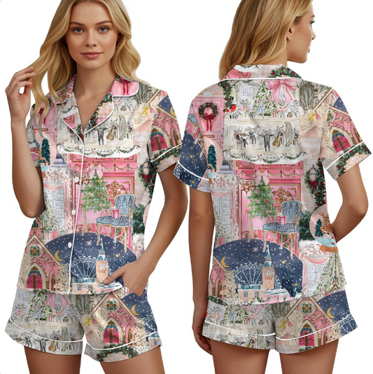 Christmas Satin Pajama Set for Women – Festive Holiday Print PJs, Long & Short Sleeve Sleepwear, Cozy Winter Loungewear Gift Set Soft Fabric