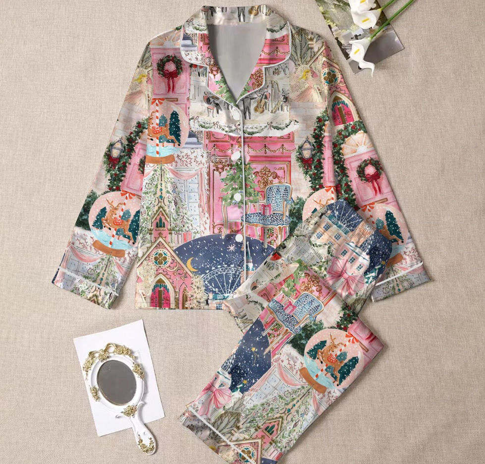 Christmas Satin Pajama Set for Women – Festive Holiday Print PJs, Long & Short Sleeve Sleepwear, Cozy Winter Loungewear Gift Set Soft Fabric