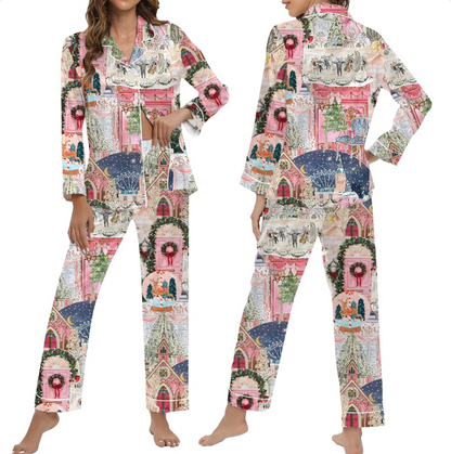 Christmas Satin Pajama Set for Women – Festive Holiday Print PJs, Long & Short Sleeve Sleepwear, Cozy Winter Loungewear Gift Set Soft Fabric