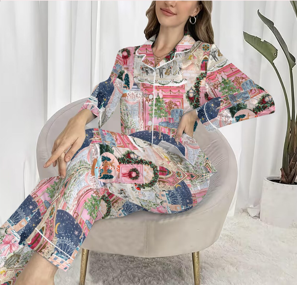 Christmas Satin Pajama Set for Women – Festive Holiday Print PJs, Long & Short Sleeve Sleepwear, Cozy Winter Loungewear Gift Set Soft Fabric