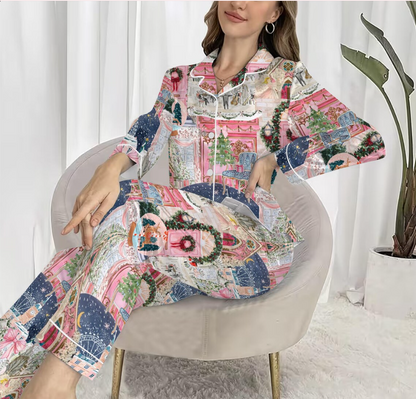 Christmas Satin Pajama Set for Women – Festive Holiday Print PJs, Long & Short Sleeve Sleepwear, Cozy Winter Loungewear Gift Set Soft Fabric