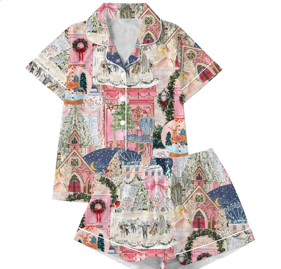 Christmas Satin Pajama Set for Women – Festive Holiday Print PJs, Long & Short Sleeve Sleepwear, Cozy Winter Loungewear Gift Set Soft Fabric