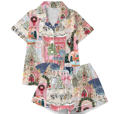 Christmas Satin Pajama Set for Women – Festive Holiday Print PJs, Long & Short Sleeve Sleepwear, Cozy Winter Loungewear Gift Set Soft Fabric