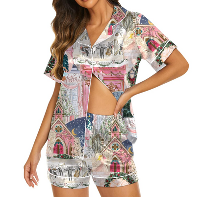 Christmas Satin Pajama Set for Women – Festive Holiday Print PJs, Long & Short Sleeve Sleepwear, Cozy Winter Loungewear Gift Set Soft Fabric