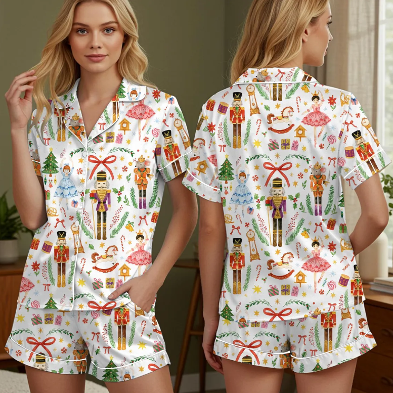 Vintage Christmas Nutcracker Ballet Holiday Party Satin Pajama Set, Xmas Santa Nutcracker Ballet Sleepwear, Gift women mother party pajama