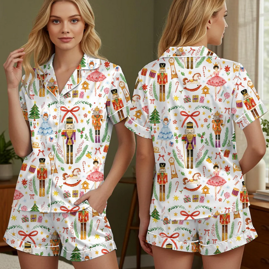 Vintage Christmas Nutcracker Ballet Holiday Party Satin Pajama Set, Xmas Santa Nutcracker Ballet Sleepwear, Gift women mother party pajama