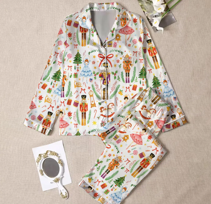 Vintage Christmas Nutcracker Ballet Holiday Party Satin Pajama Set, Xmas Santa Nutcracker Ballet Sleepwear, Gift women mother party pajama